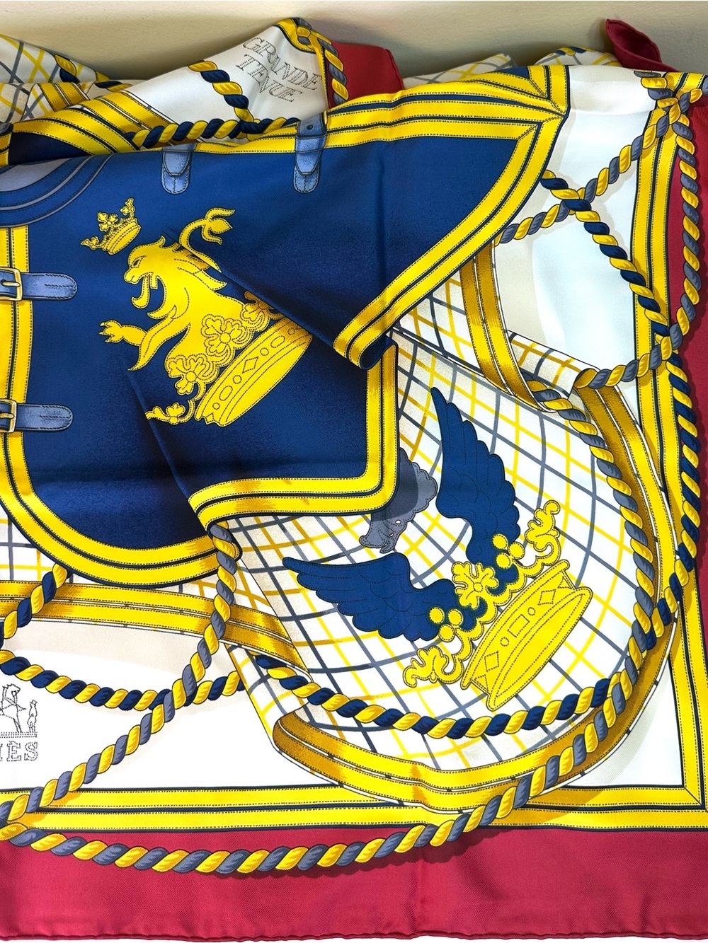 Hermes “Grande Tenue” silk twill scarf by Henri d’Origny Royal Blue & Red France - Picture 5 of 11